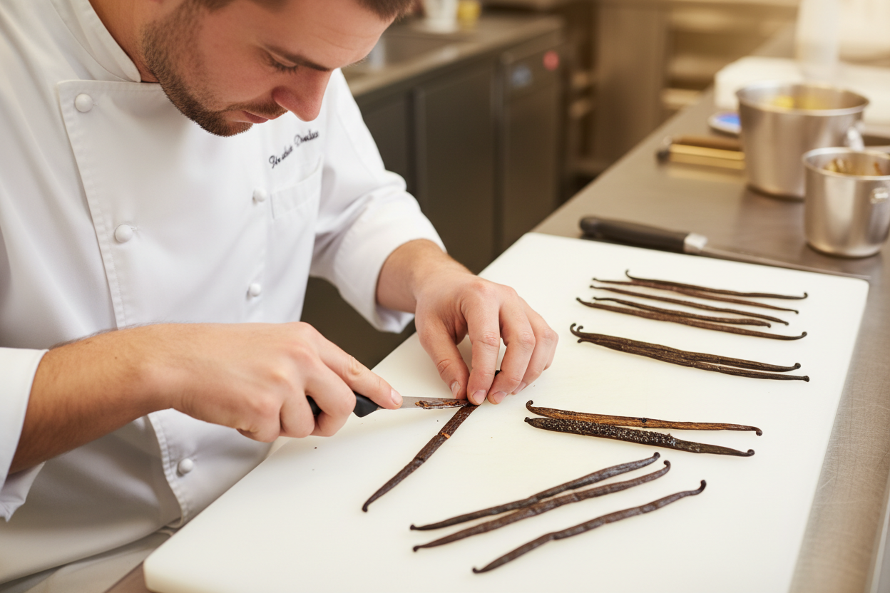 Pasticcere che incide baccelli di vaniglia